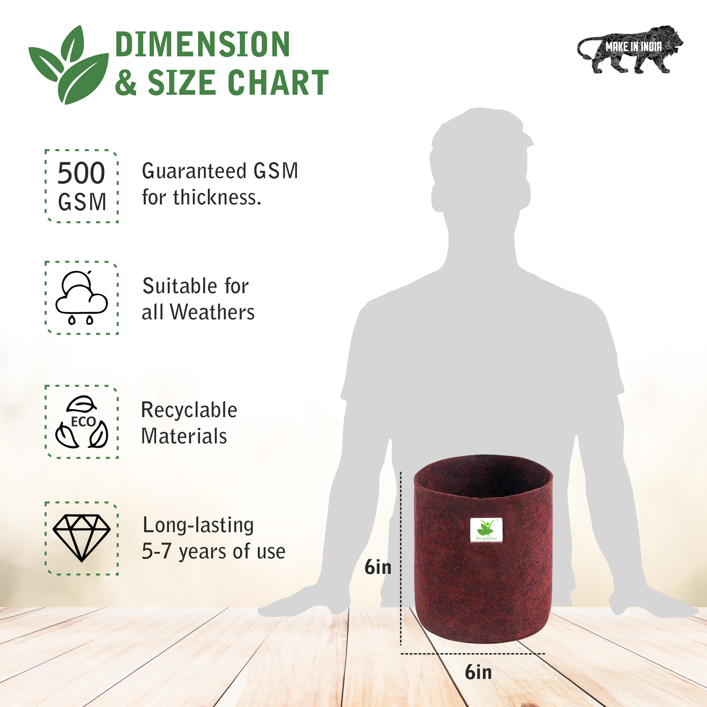 400 GSM Geo Fabric Grow Bag Size 6x6 inches || Heavy Duty || For Desktop Plants, Flowers || For Small Plants