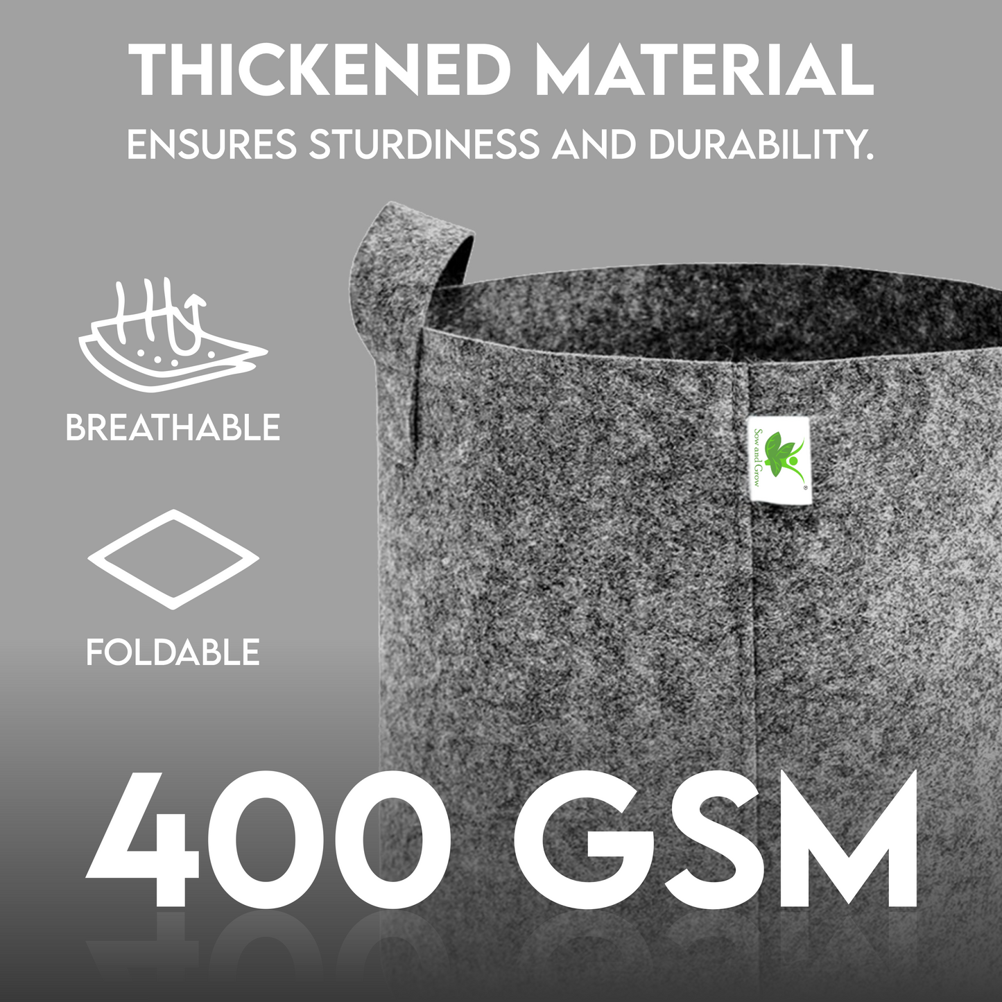 Light Grey 400 GSM Geo Fabric Grow Bag Size 18x18 inches